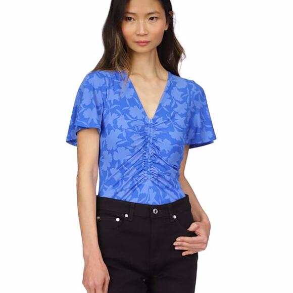 Michael Kors Printed Ruched Flutter Sleeve top grecian blue - P/M - Picture 1 of 11